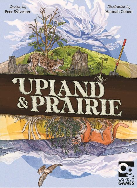 "Upland & Prairie" Design von Peer Sylvester, Illustration von Hannah Cohen. Landschaft mit Luchs und Puma, Osprey Games-Logo.