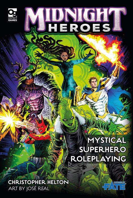 "MIDNIGHT HEROES", "MYSTICAL SUPERHERO ROLEPLAYING". Bunte Figuren mit Superkräften und dynamischen Posen.