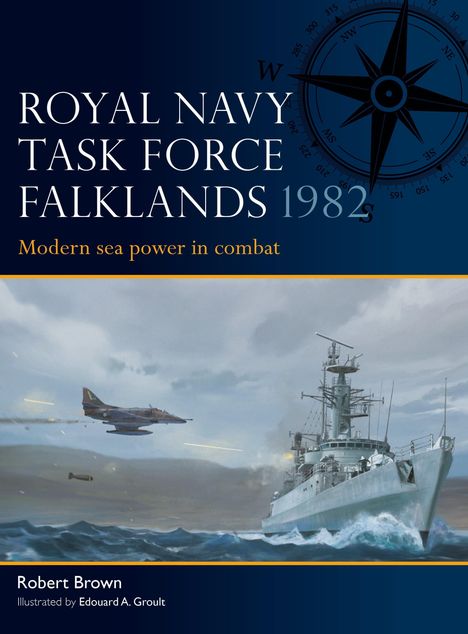 „ROYAL NAVY TASK FORCE FALKLANDS 1982“. Ein Kriegsschiff und ein Kampfjet in Aktion auf stürmischer See, Kompassmotiv.