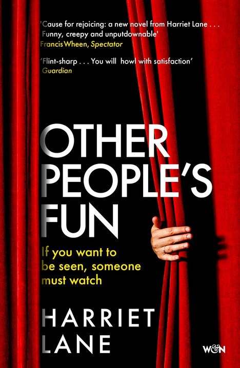 Text: "OTHER PEOPLE'S FUN", "If you want to be seen, someone must watch.", "HARRIET LANE". Frau sitzt auf rotem Sofa.