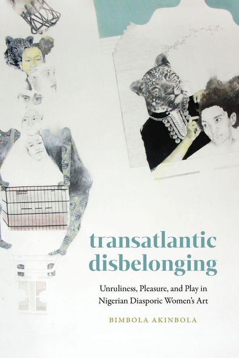 Text: transatlantic disbelonging. Illustration: Gesichter, Leopard und ein Einkaufswagen, kunstvoll kombiniert.