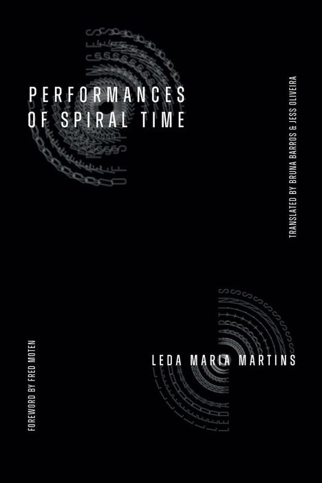 "PERFORMANCES OF SPIRAL TIME", darunter "LEDA MARIA MARTINS". Spiraltext-Design auf schwarzem Hintergrund.