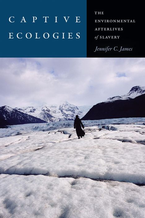 Text: "CAPTIVE ECOLOGIES. THE ENVIRONMENTAL AFTERLIVES OF SLAVERY. Jennifer C. James." Person auf Eislandschaft vor Bergen.