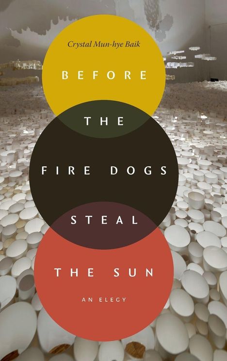 "Before the Fire Dogs Steal the Sun, an elegy" in farbigen Kreisen, Hintergrund mit weißen zylindrischen Formen.