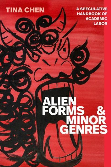 „Tina Chen“ und „Alien Forms & Minor Genres“. Illustration zeigt ein abstraktes, schwarz-rotes Gesicht auf rotem Hintergrund.