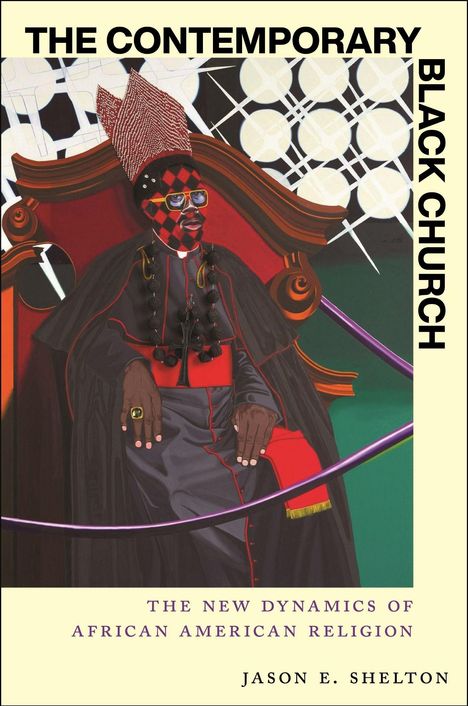 Buchtitel: THE CONTEMPORARY BLACK CHURCH. Illustration eines sitzenden Mannes in traditioneller Kleidung mit großem Hut.