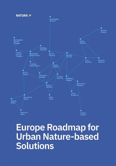 Text: "NATURA", "Europe Roadmap for Urban Nature-based Solutions". 

Illustration eines Netzwerks von Städten in Europa.