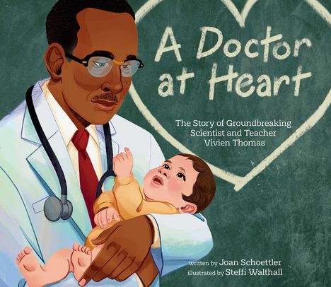 „A Doctor at Heart“ in Kreide auf Tafel. Illustration: Arzt hält Baby, trägt Brille und Stethoskop.