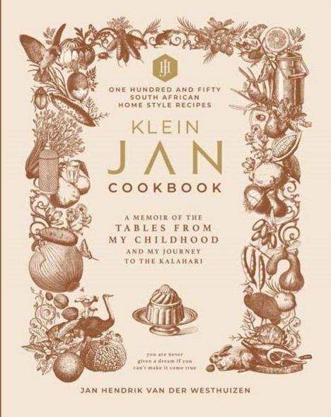 "Klein Jan Cookbook" mit 150 südafrikanischen Rezepten, Kindheitserinnerungen, Kalahari-Reise. Illustrierte Lebensmittelränder.