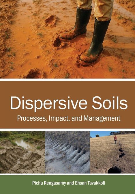 "Dispersive Soils: Processes, Impact, and Management." Oben Stiefel in roter Erde, unten Erosionen und Risse.