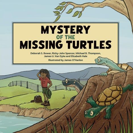„MYSTERY OF THE MISSING TURTLES“ oben, mit einer Forscherin und Schildkröten im Vordergrund, Illustration.