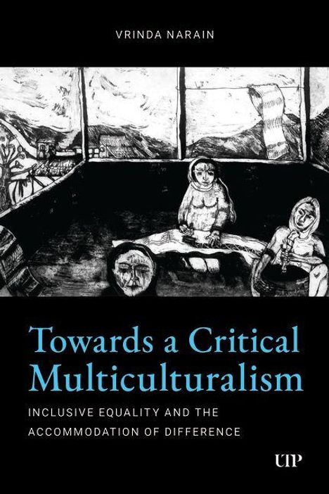 Text: "Vrinda Narain", "Towards a Critical Multiculturalism", "Inclusive Equality and the Accommodation of Difference". Illustration: Drei Personen sitzen in einem Raum mit großen Fenstern.