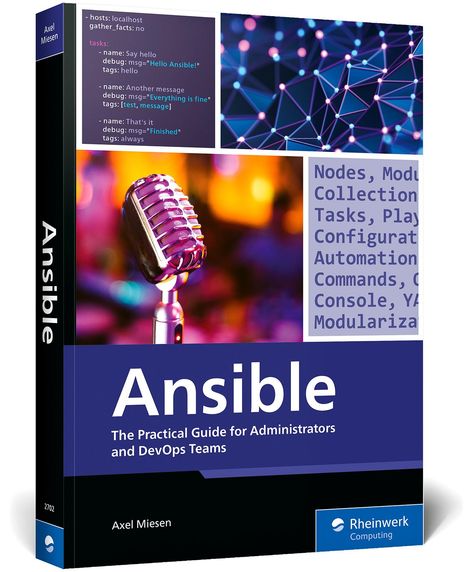 Buchtitel: "Ansible" von Axel Miesen. Ein Mikrofon und ein Netzwerkmuster sind abgebildet. Logo von Rheinwerk Computing.