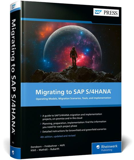 Titel: "Migrating to SAP S/4HANA". Ein Astronaut steht auf einem Felsen vor einem bunten Weltraumhintergrund.