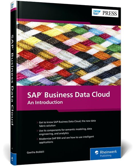 „SAP Business Data Cloud: An Introduction“ von Geetha Bobbili, bunte Fäden-Illustration, Rheinwerk Publishing-Logo.
