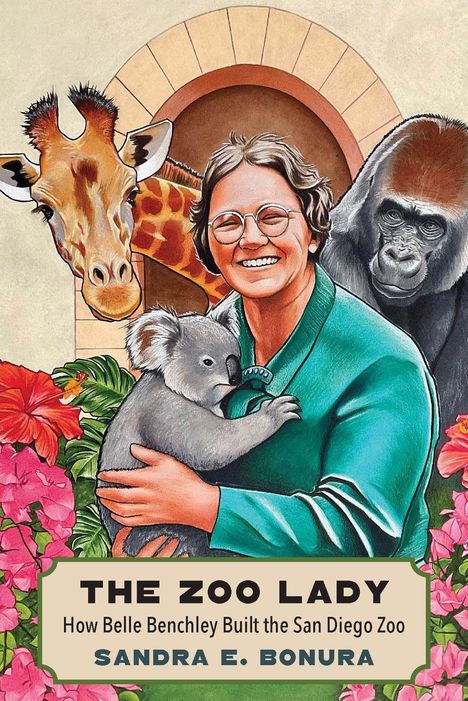 Eine Illustration mit einer Frau, die einen Koala hält, flankiert von einer Giraffe und einem Gorilla.