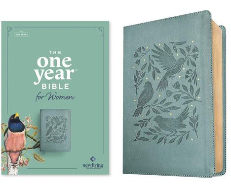 "The one year Bible for Women" in Weiß auf grünem Hintergrund. Illustration mit Vögeln und Blättern auf hellblauem Einband.