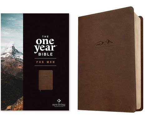 "The One Year Bible for Men", neues Buch, braunes Cover mit Bergmotiv. Links: Berglandschaft, rechts: braunes Buchcover.