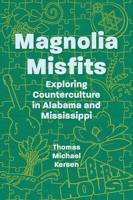 „Magnolia Misfits. Exploring counterculture in Alabama and Mississippi. Thomas Michael Kersen.“ Puzzle-Design mit Symbolen.