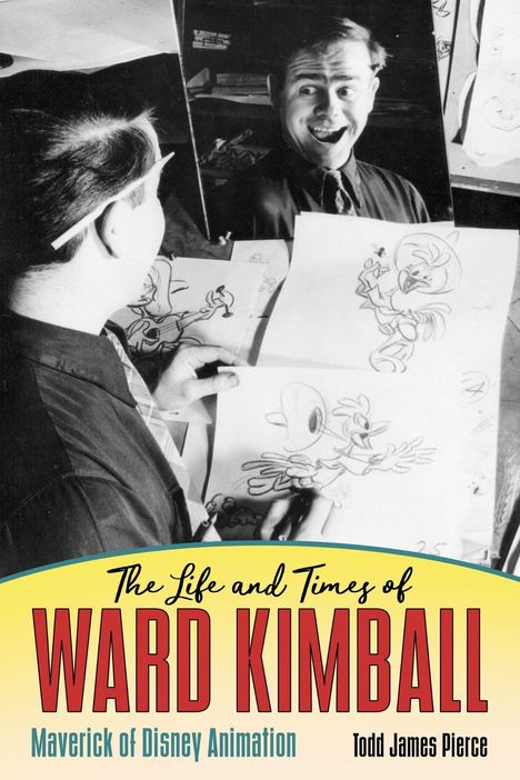 "The Life and Times of Ward Kimball" oben, ein Mann lacht; Zeichnungen von Cartoon-Vögeln in der Hand.