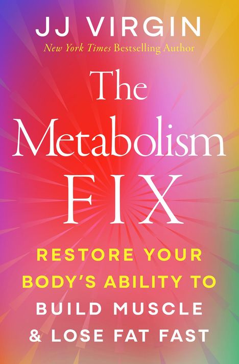„The Metabolism Fix: Restore Your Body’s Ability to Build Muscle & Lose Fat Fast“ auf buntem Strahlenhintergrund.