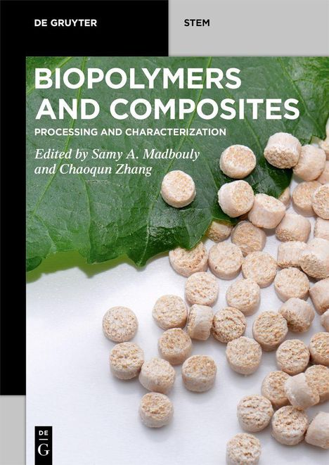 „BIOPOLYMERS AND COMPOSITES“, grünes Blatt links, beige runde Objekte rechts, wissenschaftliche Ästhetik.