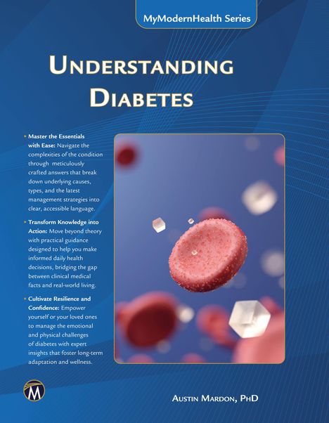 Texte: "Understanding Diabetes", "Austin Mardon, PhD". Zentral ein rotes Blutkörperchen und Glukosemoleküle auf blauem Hintergrund.