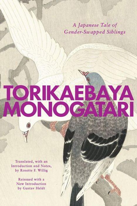 Text: "Torikaebaya Monogatari", "A Japanese Tale of Gender-Swapped Siblings". Zwei stilisierte Tauben in hellem Hintergrund.
