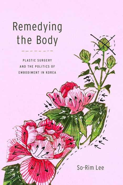 „Remedying the Body“ und „Plastic Surgery and the Politics of Embodiment in Korea“ auf rosa Hintergrund mit Blumenillustration.