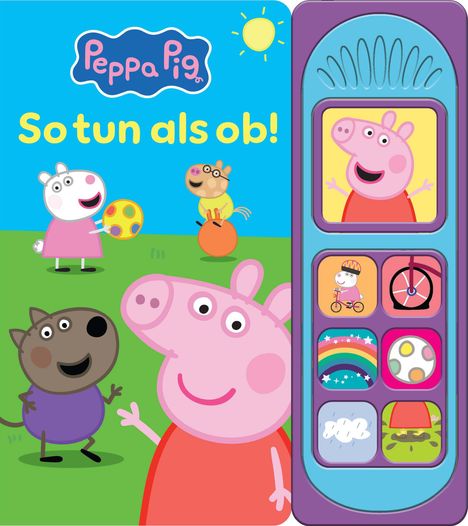 „Peppa Pig“ und „So tun als ob!“ oben. Illustration mit Peppa Pig, Freunden und bunten Symbolen auf einem Spielfeld.