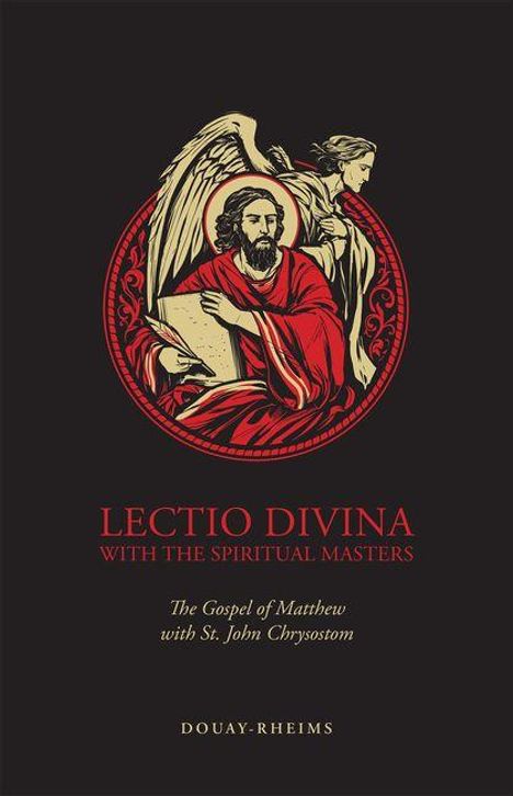 "LECTIO DIVINA WITH THE SPIRITUAL MASTERS", Illustration eines Engels mit einer Person in Rot, Douay-Rheims.