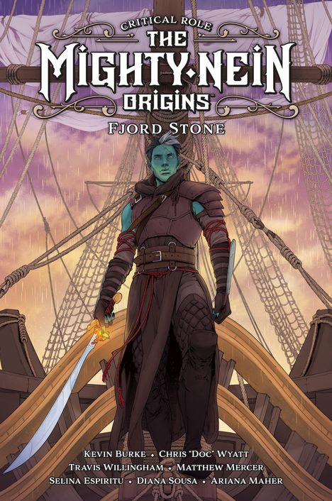 "The Mighty Nein Origins: Fjord Stone". Illustration eines bläulichen Charakters auf einem Schiff mit einem gezogenen Schwert.