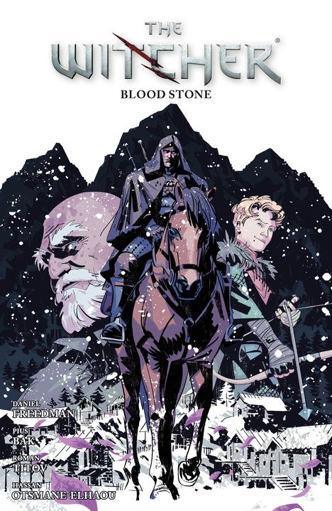 “The Witcher: Blood Stone.” Ein Krieger auf einem Pferd, schneebedeckte Berge, alte und junge Gesichter im Hintergrund.