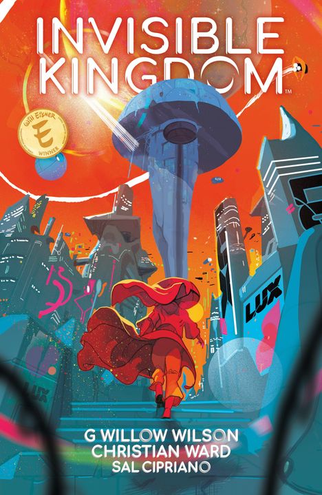 "INVISIBLE KINGDOM", Gewinner-Auszeichnung. Sci-Fi-Stadt mit futuristischen Gebäuden, Person mit rotem Umhang im Vordergrund.