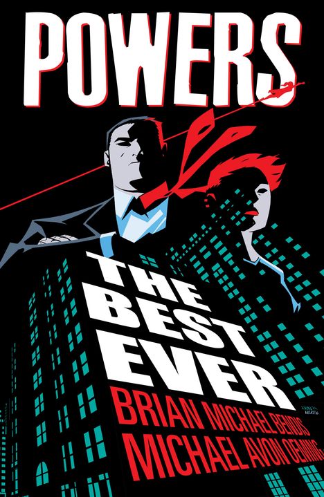 "POWERS", "THE BEST EVER", Brian Michael Bendis, Michael Avon Oeming. Stilvolle Illustration zweier Personen vor Gebäuden.