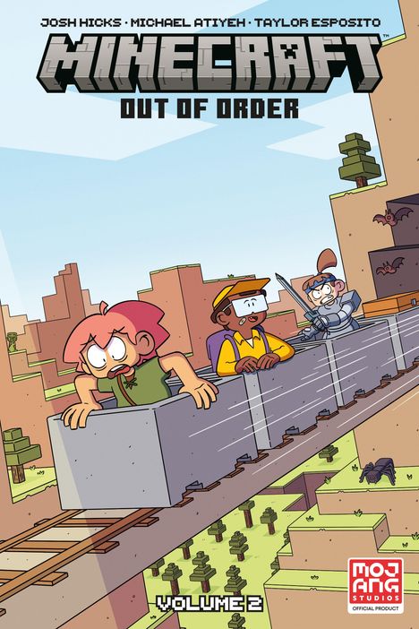 Texte: “Minecraft Out of Order”, “Volume 2”. Cartoon-Charaktere in einem Minenwagen, Landschaft im Spielstil.