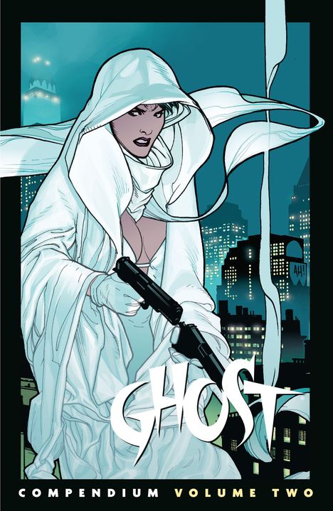 „Ghost Compendium Volume Two“. Frau in Weiß mit Kapuze und Pistolen, vor städtischer Skyline. Illustration.