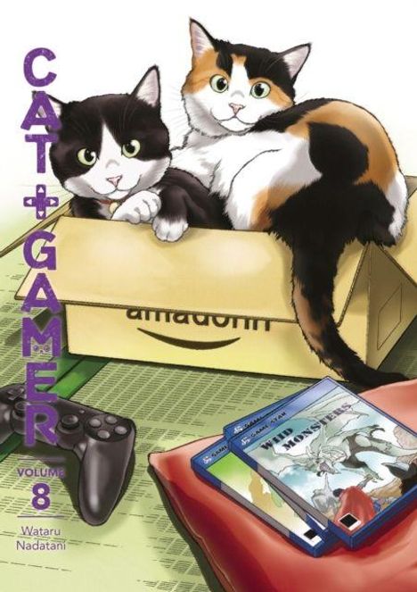 Links senkrecht: "Cat + Gamer", "Volume 8". Zwei Katzen in einer Kiste, ein Gamecontroller und Spielehüllen sind sichtbar.