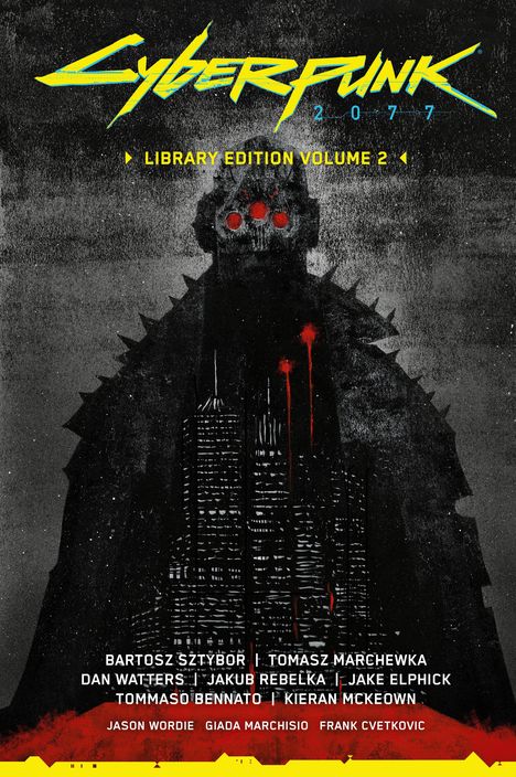 „Cyberpunk 2077 Library Edition Volume 2“ oben. Illustration: Bedrohliche Figur mit roten Augen vor einer urbanen Kulisse.