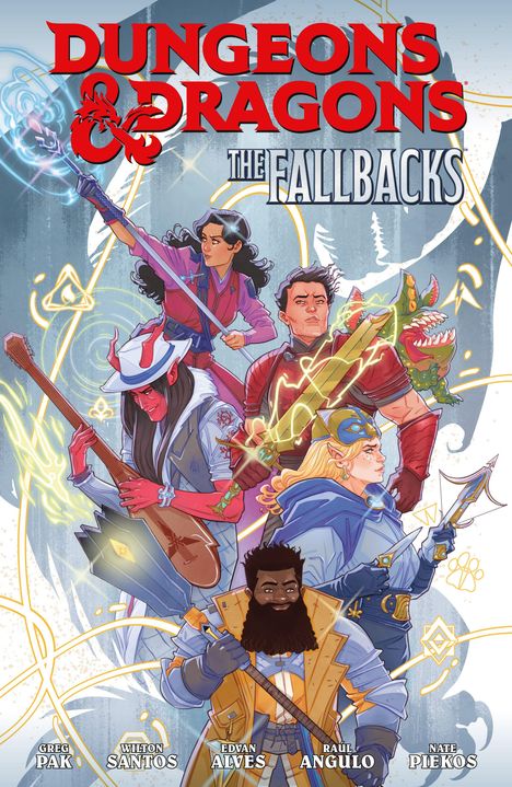 "Dungeons & Dragons: The Fallbacks" in roten und blauen Lettern. Fünf Fantasiefiguren in lebhaften Farben und magischen Posen.