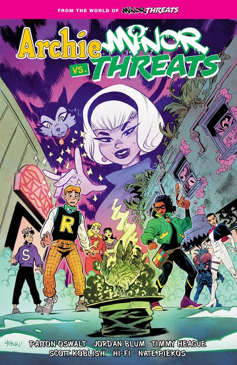 "Archie vs. Minor Threats" ist in auffälligen Schriftzug oben dargestellt. Darunter mehrere Comicfiguren in dynamischer Szene.
