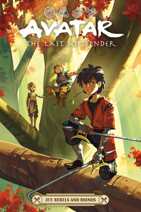 "Avatar: The Last Airbender. Jet: Rebels and Rhinos." Drei Jugendliche klettern auf großen Baumstämmen, umgeben von roten Blättern.