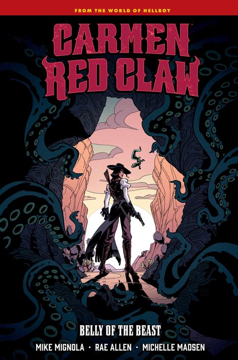 Text: "Carmen Red Claw", "Belly of the Beast". Eine Figur steht in einer Schlucht, umgeben von riesigen Tentakeln.