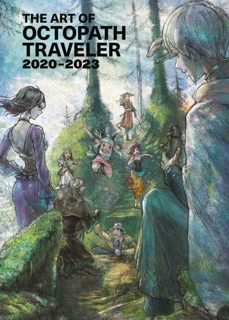 Text: "THE ART OF OCTOPATH TRAVELER 2020–2023". Illustration von Charakteren auf einem verwunschenen Waldpfad.