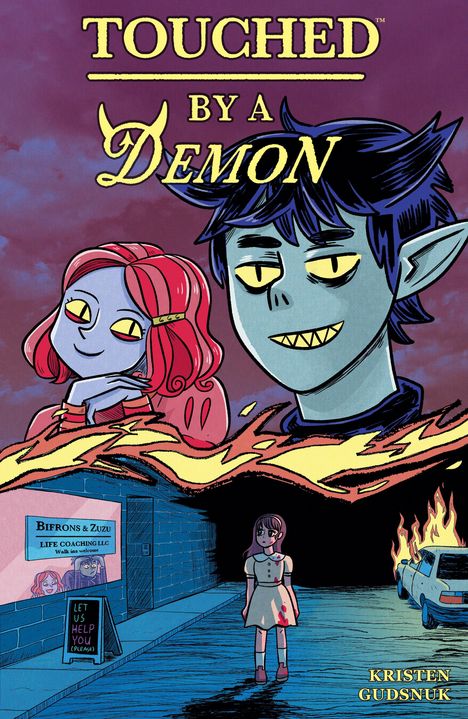 "Touched by a Demon", Schilder, brennendes Auto, zwei Cartoon-Charaktere, und ein Kind in einer Gasse.