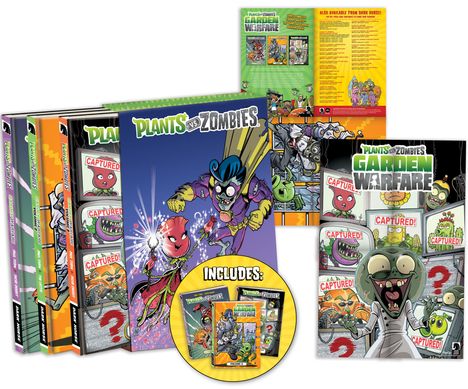 "Plants vs. Zombies" oben größer dargestellt, darunter bunte Cartoon-Figuren wie Zombies und Pflanzen in actiongeladenen Szenen.