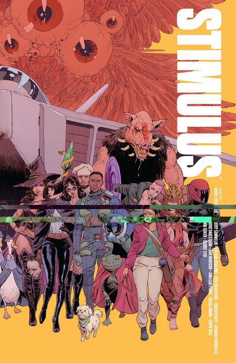 „STIMULUS“ in großen weißen Buchstaben, darunter ein bunter Charaktermix: Hexen, Tiere, futuristische Wesen. Fantasievolle Atmosphäre.