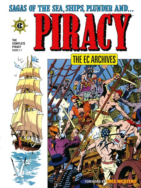 Titel: PIRACY. Oberer Text: SAGAS OF THE SEA, SHIPS, PLUNDER AND... Comic-Illustration eines Piratenkampfes auf einem Schiff.