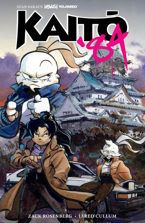 Text „Kaito '83“. Illustration von Hasenfiguren in cooler Pose vor einer traditionellen Burg.