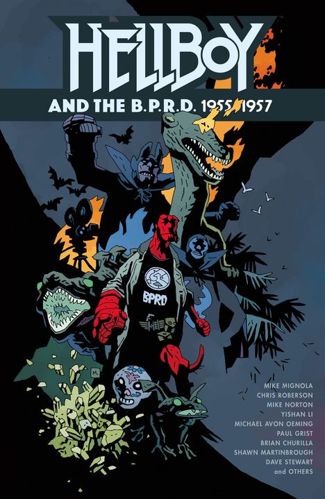 „HELLBOY AND THE B.P.R.D. 1955-1957“ Illustration zeigt Hellboy mit Monstern und Kreaturen in einer dunklen, dramatischen Szene.